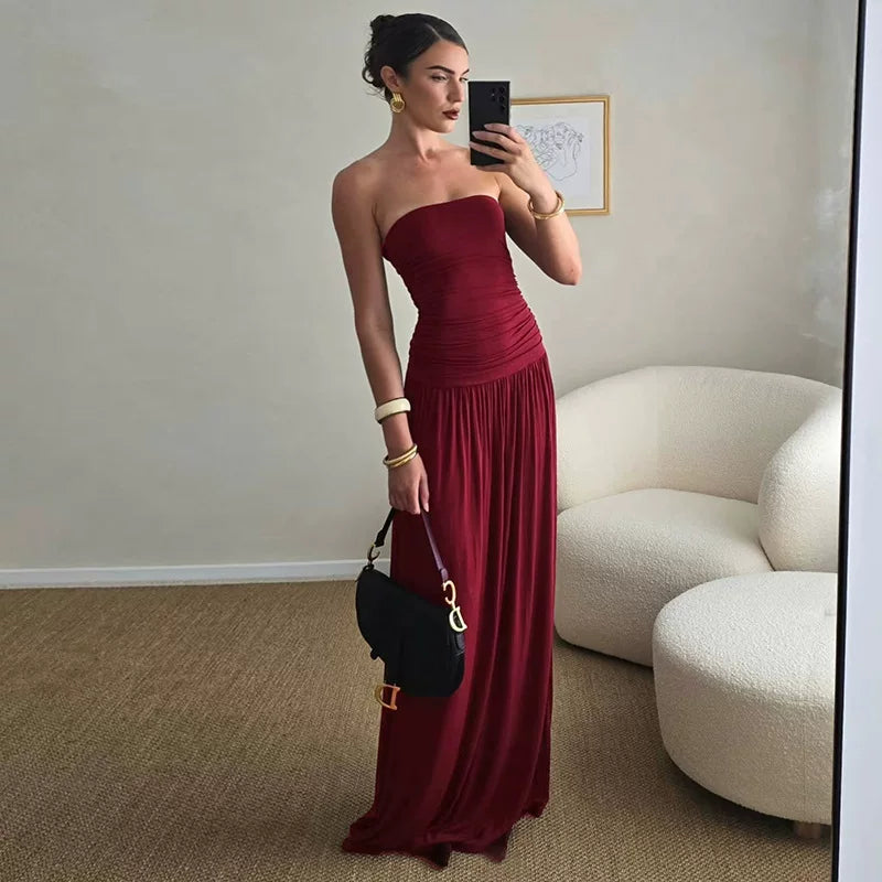 Wcoumq | Summer Tube Top Off-Shoulder Sleeveless Maxi Dress with Loose Fit