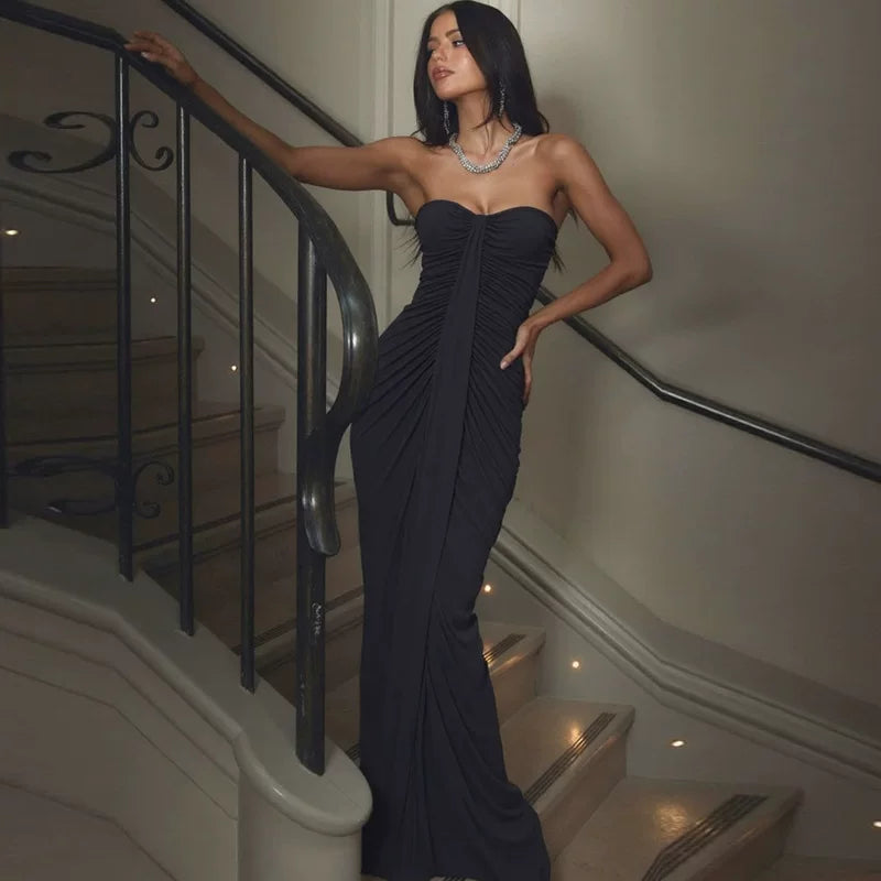 Wcoumq | Tube Top Sleeveless Pleated Dress with Slim Hip-Hugging Fit