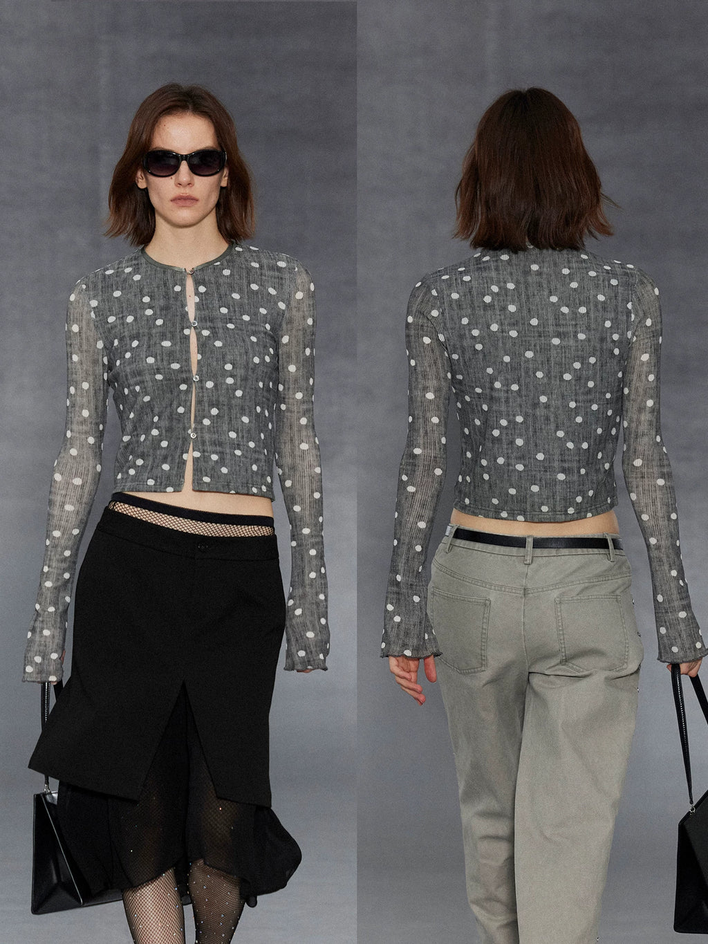 Wcoumq | Retro Printed Polka Dot Long-Sleeve Top & Knitted Short Cardigan Set – Stylish Women’s Outerwear