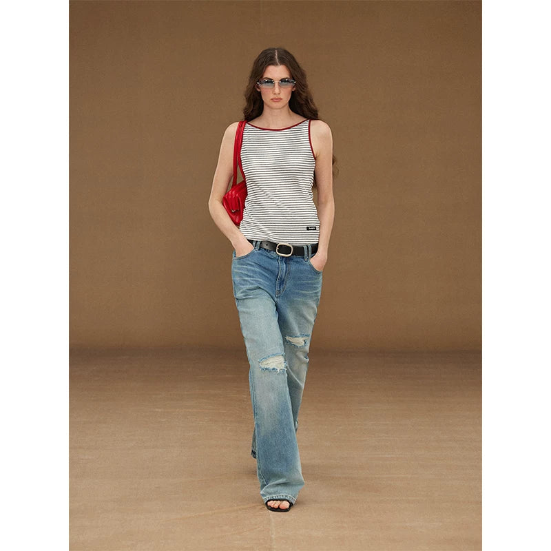 Wcoumq | Retro Star Patch Ripped Straight Jeans – Stylish Women’s Casual Distressed Jeans