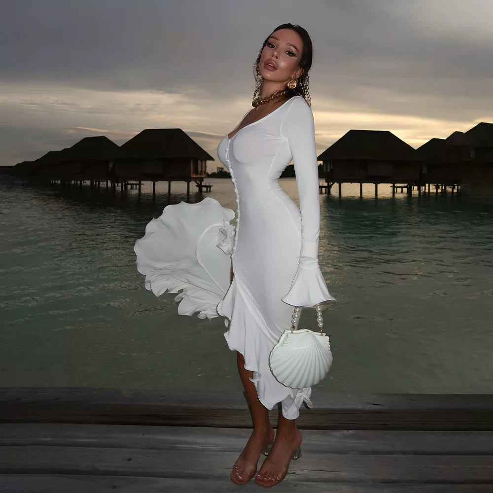 Wcoumq | Long-Sleeve Slim Dress with Ruffled Cuffs and Side Slits for Spring and Autumn