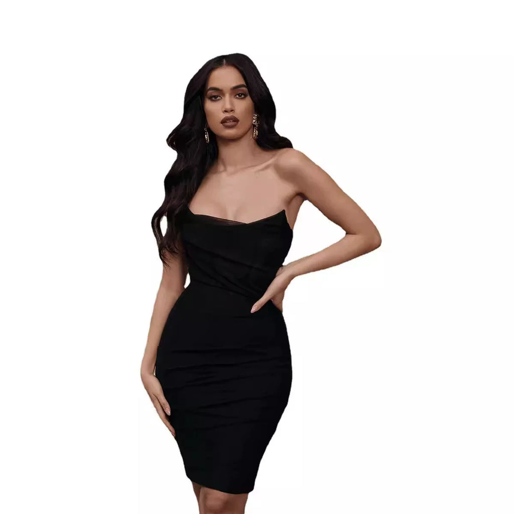 Wcoumq | Tube Top Mesh Dress with Fishbone Waist and Pleated Mid-Length Skirt