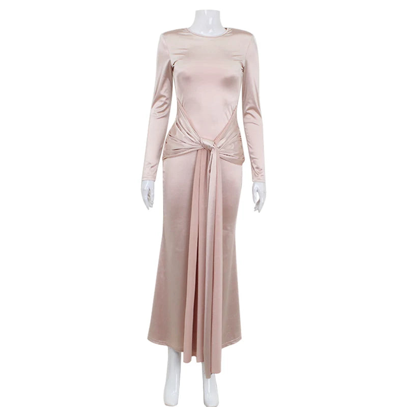 Wcoumq | Satin Long-Sleeve Dress with Waist Strap for Elegant Winter Fashion