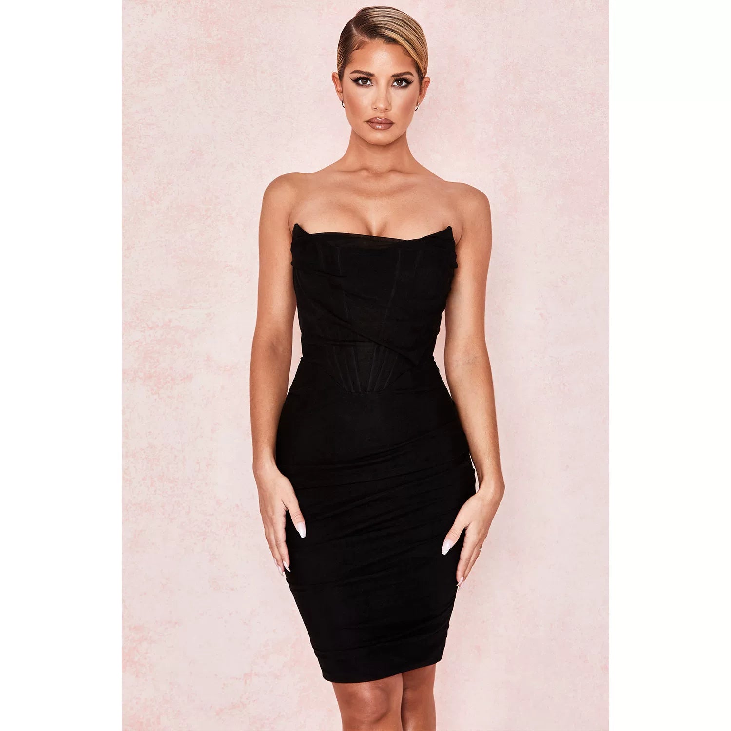 Wcoumq | Tube Top Mesh Dress with Fishbone Waist and Pleated Mid-Length Skirt