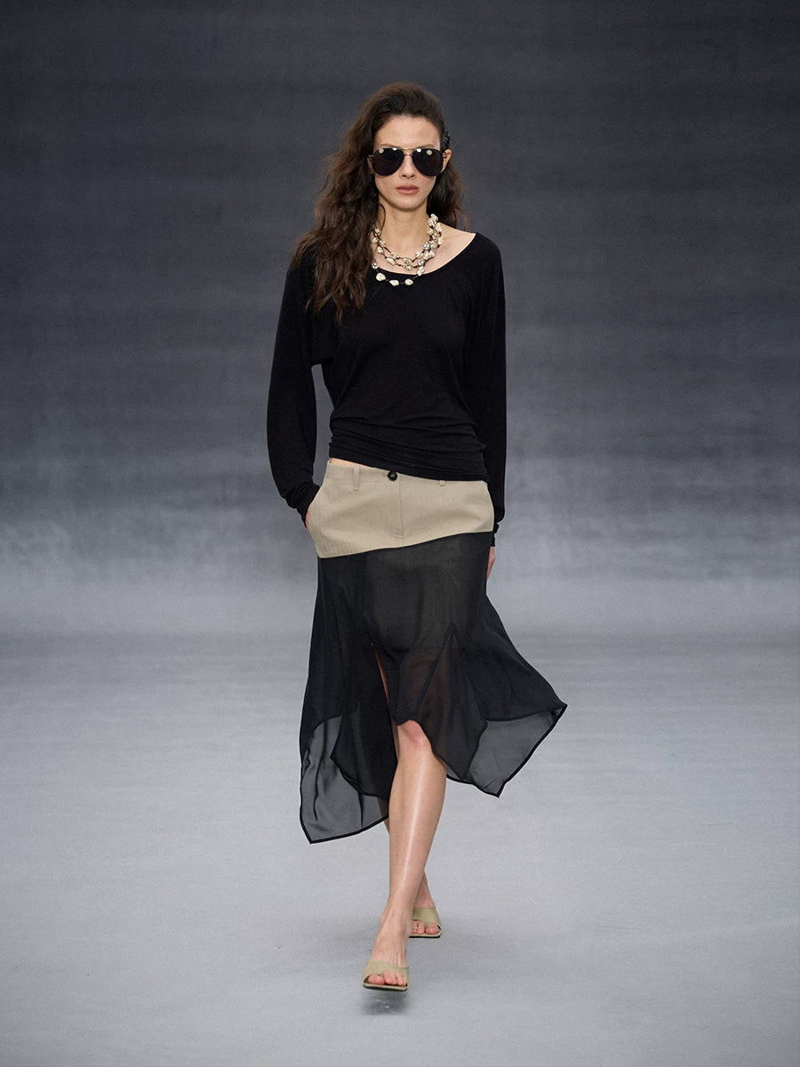 Wcoumq | Silk Mesh Patchwork Skirt with Flowing Irregular Hem – Elegant Women’s Skirt for Formal & Casual Occasions