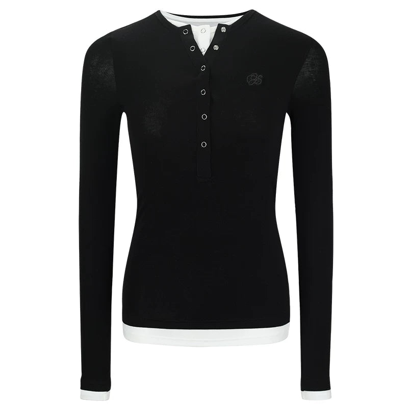 Wcoumq | Faux Two-Piece Embroidered Long Sleeve Henley Top for Autumn and Winter