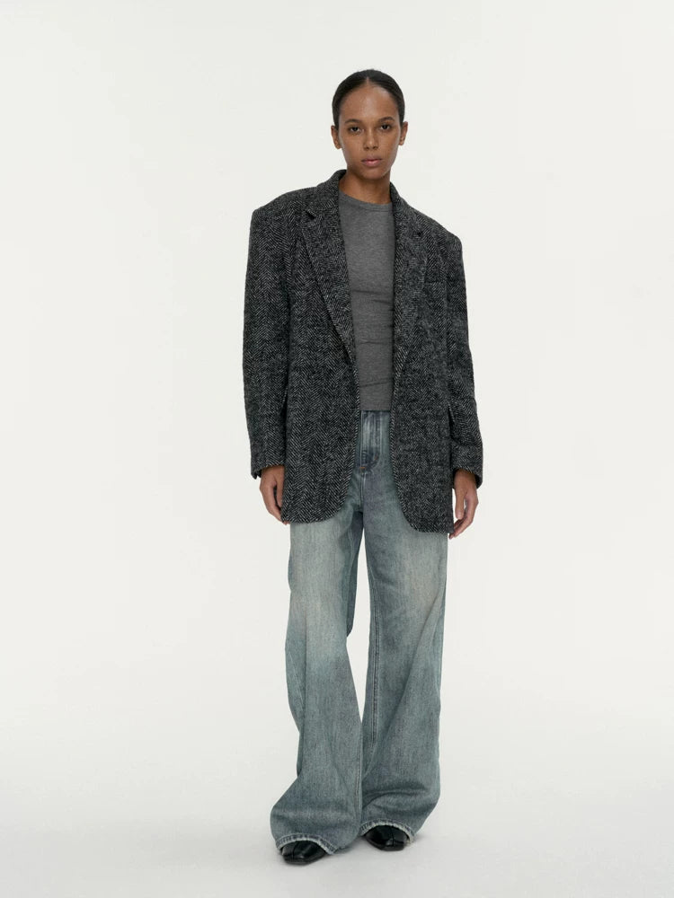 Wcoumq | Loose Fit Wool Blazer – Women’s Classic Wool Silhouette Blazer for Stylish Layering