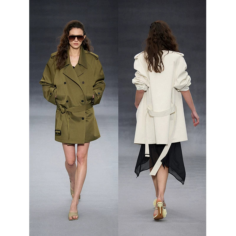 Wcoumq | Double-Breasted Lapel Epaulette Windbreaker for Women – Early Spring Silhouette Outerwear