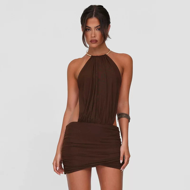 Wcoumq | Summer Halter Neck Backless Mini Dress with Metal Ring and Strappy Design