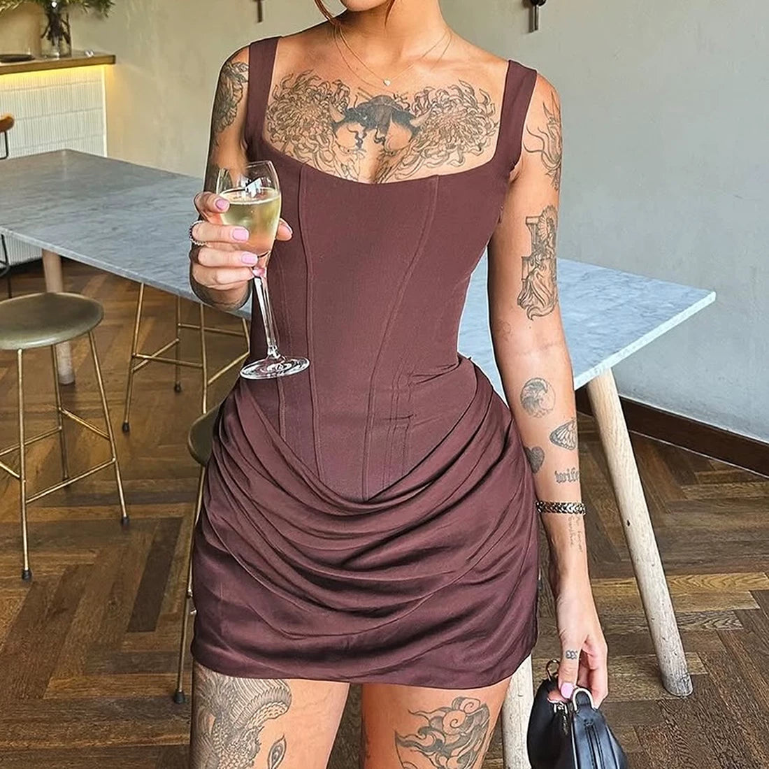 Wcoumq | Rose-Inspired Autumn Suspender Dress with Square Neck and Irregular Draped Skirt