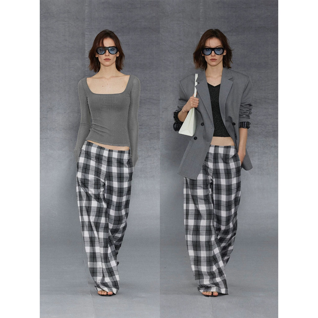 Wcoumq | Classic Plaid Straight-Leg Wide Pants for Everyday Casual Wear