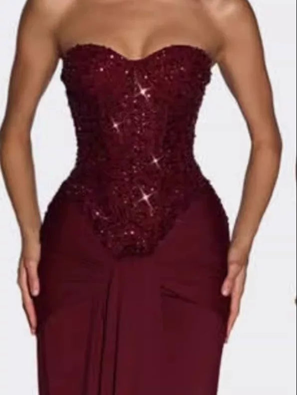 Wcoumq | Herringbone Diamond Tube Top Dress with Twisted Strap and Fishtail Skirt