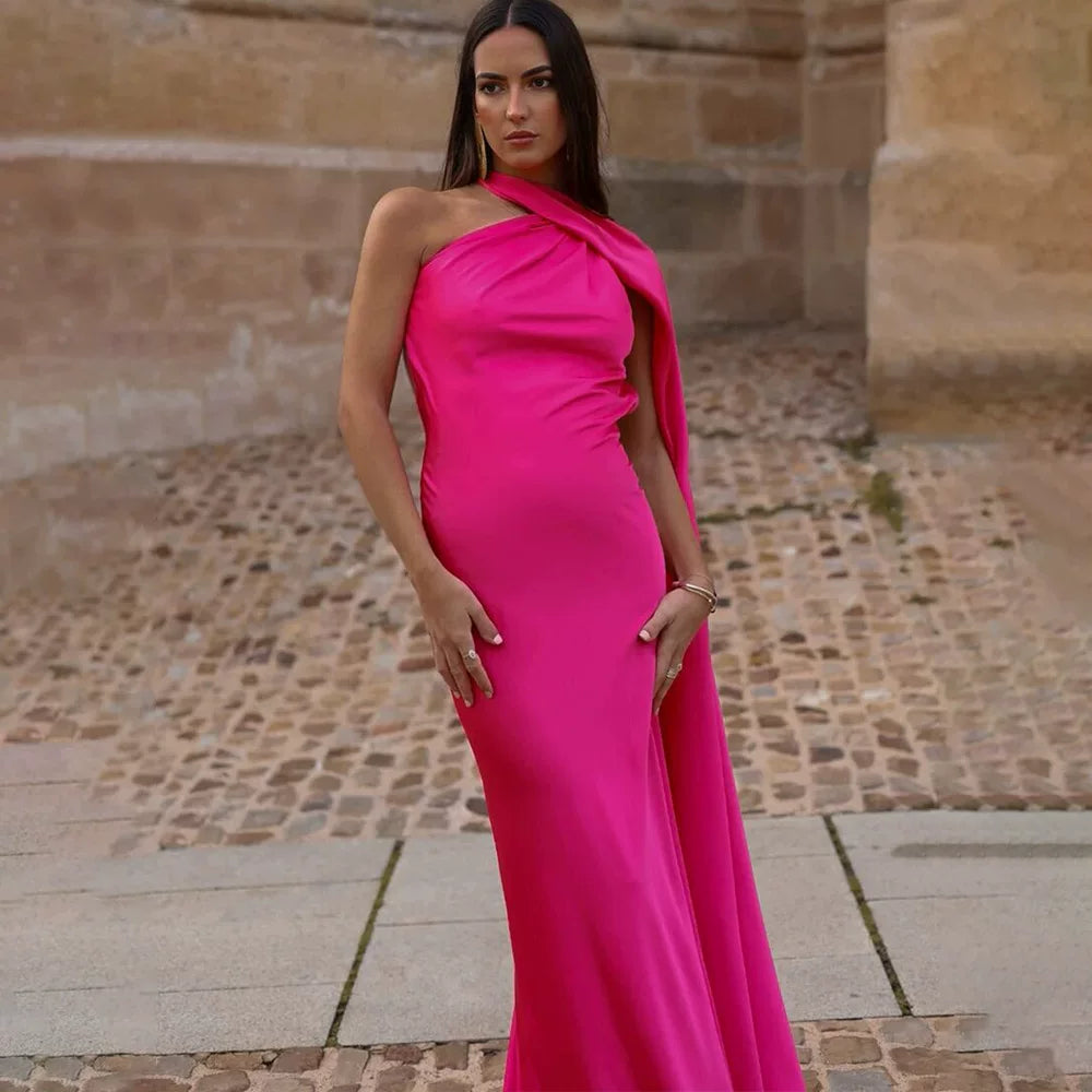 Wcoumq | Elegant Satin Floor-Length Dress with Neck Streamers and Backless Design