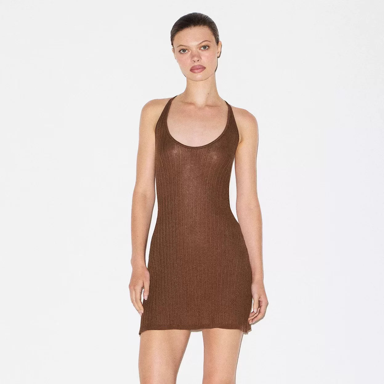 Wcoumq | Sheer Knit Low-Neck Suspender Dress with Slim-Fit Design