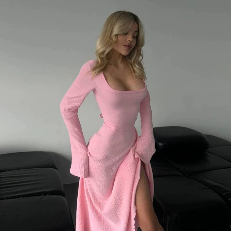 Wcoumq | Square Neck Long-Sleeve Lace-Up Maxi Dress with Side Slit