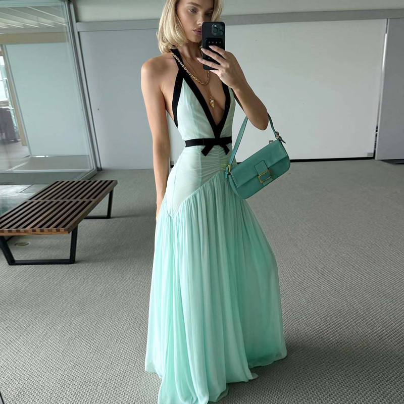 Wcoumq | Mint Green V-Neck Halter Maxi Dress with Backless Slim Fit Design